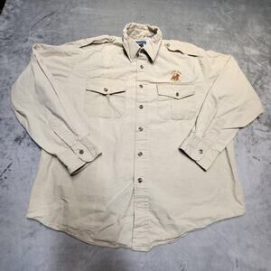Vintage Bear Back Safari Club Shirt Mens Large Khaki Embroidered Lion USA 90s